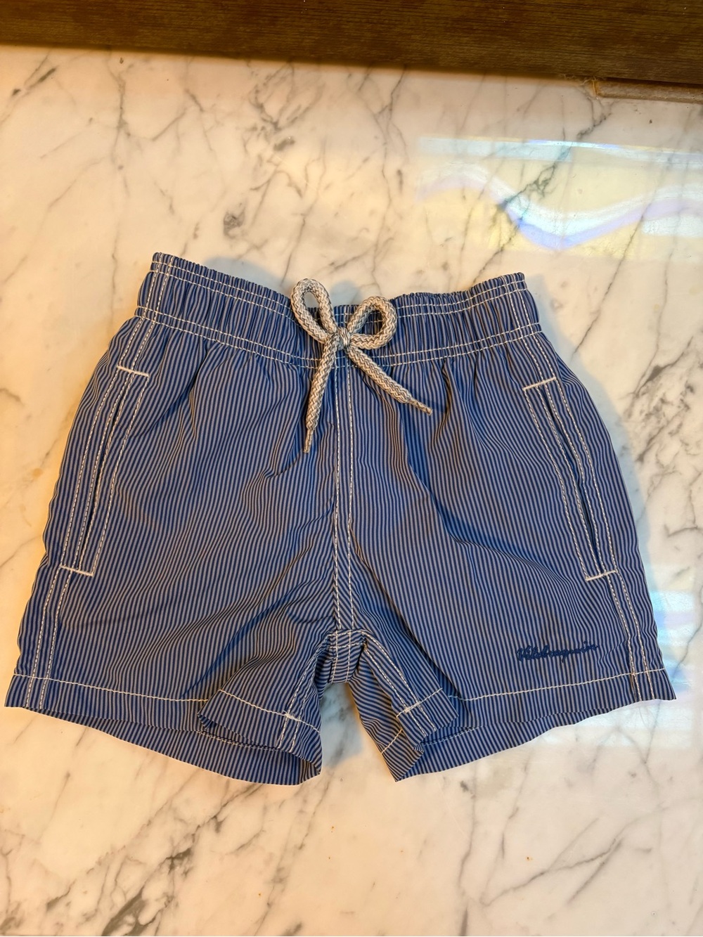 Vilebrequin Blue and White Pinstripe Kids Swim Trunks 2ans